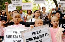 Burmese activists demand release of Aung San Suu Kyi, at Jantar Mantar in the Capital on Wednesday. 