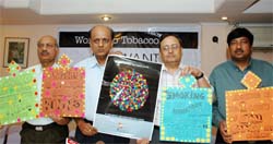Dr. K.K.Agarwal, president of Heart Care Foundation of India, with Dr K.N.Tiwari (R), Dr P.K.Julka (2nd from right) during a press conference on the theme, Smoke-Free Environment on the eve of World No Tobacco Day, in the Capital on Wednesday.