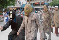 Artistes of the Yuva Jagriti Manch perform ‘Nasha Siraf Tabahi’ at The Plaza, Sector 17, in Chandigarh