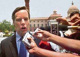 US Under Secretary of State Nicholas Burns speaks to media as he arrives for a meeting at External Affairs Ministry in New Delhi
