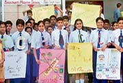Students of Saraswati Modern School, Pratap Singhwala, take out a rally during an awareness campaign on World No Tobacco Day in Ludhiana