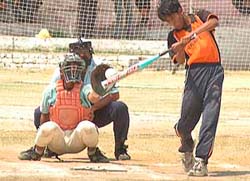 A match in progress during the 25th Junior National Softball Championship being held at PAU ground, Ludhiana