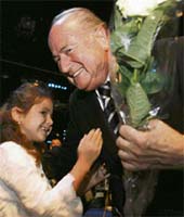 FIFA president Sepp Blatter receives a bouquet from a girl after being re-elected for a third term as president of world soccers governing body, on the second day of the 57th FIFA congress in Zurich on Thursday. 
