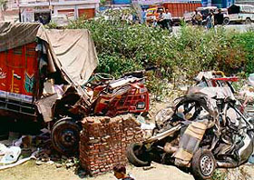 The mangled remains of the ill-fated Indica which was crushed by a truck in Kalka, near Panchkula, killing all seven occupants of the car on Saturday.