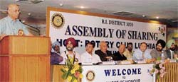 Chief Information Officer Rajan Kashyap delivers the keynote address during the district assembly of the Rotary International District (3070) in Ludhiana on Sunday.