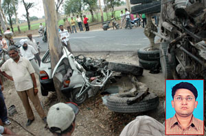 A head-on collision between a truck and a Maruti car near Chohkan village on Jalandhar-Hoshiarpur road left a 32-year-old person dead on Monday. The deceased has been identified as Rajiv Goel (inset).
