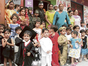 Students of Mother Teresa Playway School paticipate in the inaugural function of a summer camp in Ludhiana on Monday.