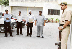 Officials of the Today Homes and Infrastructure company at the Vigilance Bureau office in Ludhiana on Monday.
