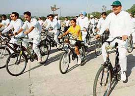 Cyclists take part in a rally organised by the Asia Pacific Jurists Association in collaboration with Yuvsatta in Chandigarh on Tuesday.