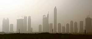 A picture shows Dubais skyscrapers amid sandy winds hitting the Gulf Emirate on Wednesday. Cyclone Gonu hit the east coast of Oman early as the strongest tropical storm to hit the Gulf state in decades streadily weakened after reaching land. 