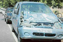 One of the damaged cars involved in a pileup at Sector 22 in Chandigarh on Friday.