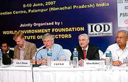 Former Prime Minister of Sweden and chairman of the World Council for Corporate Governance, UK, Ola Ullsten (centre} presides over the inaugural session of a convention organised by the World Environment Foundation in Palampur on Friday. 