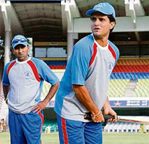 Asia XI captain Mahela Jayawardane (left) watches team-mate Sourav Ganguly bat during a training session at the MA Chidambaram Stadium in Chennai on Friday. The second match of the Afro-Asia Cup will be played on Saturday.