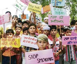 Students of R.S. Model School take part in an anti-drug rally in Ludhiana