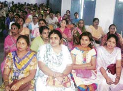 A group of teachers attend a seminar at GSSS, Dehlon, near Ahmedgarh, on Saturday
