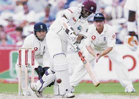 West Indies Shivnarine Chanderpaul plays a shot on the fourth day of their third Test against England at Old Trafford in Manchester
