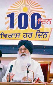 Punjab Chief Minister Parkash Singh Badal addresses a press conference at Punjab Bhawan on Monday. 