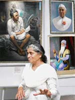 Sobha Singhs daughter Gurcharan Kaur with her fathers paintings at Sobha Singh Art Gallery at Andretta, near Palampur