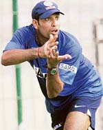 V.V.S. Laxman takes a catch on the last day of the batsmens camp at the Chinnaswamy Stadium in Bangalore
