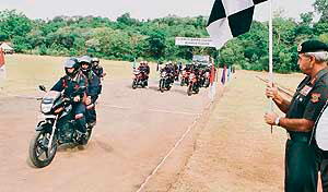Lt-Gen A.N. Aul, Chief of Staff, Western Command, flags off an IMA motorcycle expedition from Chandi Mandir on Wednesday.