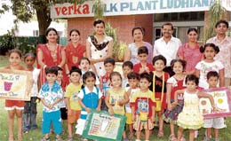 Students of Maple Bear Canadian Playway and Nursery School visit the Verka Milk Plant in Ludhiana on Wednesday.