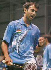 Rupesh Kumar celebrates on winning a point during the mens doubles badminton match against New Zealands Daniel Shirley and John Gordon on day two of the Sudirman Cup in Glasgow on Tuesday. Rupesh and Sanave Thomas won 17-21, 21-15, 21-16. 