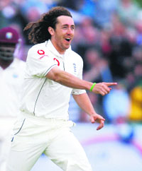 Englands Ryan Sidebottom celebrates after dismissing West Indian Darren Ganga with the first ball of day two of the 4th Test at the Riverside in Durham on Saturday.