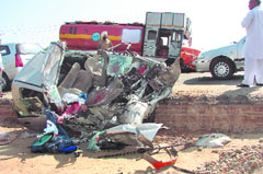The mangled remains of the car that met with an accident on the Ambala-Chandigarh road on Monday.
