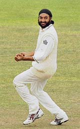 Englands Monty Panesar celebrates after taking a West Indian wicket during the fifth day of the fourth Test at the Riverside, Chester-le-Street on Tuesday.