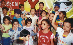 Tiny tots of Little Blossom Nursery School and City Blosson Public School enjoy a dance party on the concluding day of a summer camp in Ludhiana on Friday.