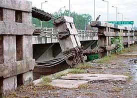 A damaged railing of a bridge on the road connecting Chandigarh and Panchkula.