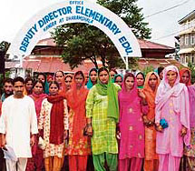 Residents of Sukhar village outside the office of the deputy director of elementary education, Dharamsala, after submitting a memorandum seeking more teachers in the village school.