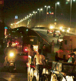 A riot of lights and hustle and bustle on the Jagraon bridge in Ludhiana on Saturday night.