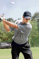 Gurbaaz Mann executes a long drive at the Chandigarh golf range on Sunday. 