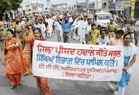 Members of the Elementary Teachers Union hold a protest rally in support of their demands at Bathinda