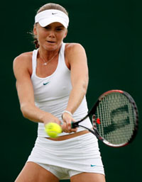 Slovakias Daniela Hantuchova plays a return to Russias Anastasia Pavlyuchenkova at Wimbledon on Tuesday. Hantuchova won 6-0, 6-1.
