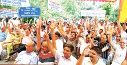 Members of the Delhi Medical Association raise slogans against conversion and parking charges by the MCD at the Rajghat in the Capital on Wednesday.