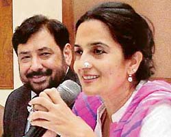 The Minister of State for Tourism, Haryana, Kiran Chaudhary, addresses a press conference at North Park, Panchkula