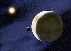 An artists illustration of Eris and its moon