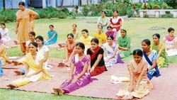 NSS volunteers learn yoga at a camp in Doraha