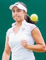 Austrias Tamira Paszek gestures during her third-round match against Russias Elena Dementieva at Wimbledon 