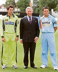 Prince Charles with Pakistans cricket captain Shoaib Malik (left) and India captain Rahul Dravid ahead of their Future Friendship Cup one day match at Citylets Titwood cricket ground in Glasgow (Scotland)