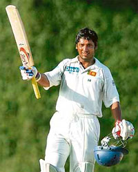 Sri Lankas Kumar Sangakkara celebrates his double ton during the second day of the second Test against Bangladesh in Colombo on Wednesday.