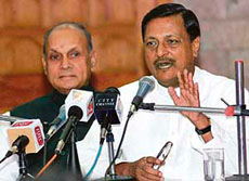 Sat Pal Jain (right), in charge, party affairs of the BJPs Himachal unit, addresses mediapersons, along with P.K. Dhumal, in Shimla on Saturday. 