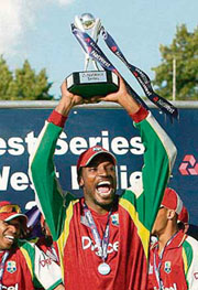 Captain Chris Gayle holds the trophy after the West Indies beat England in the third one-dayer at Trent Bridge, Nottingham, on Saturday to win the series 2-1.  AP/PTI