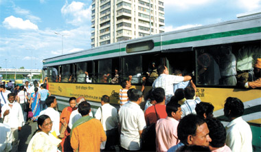 Action against errant Blueline drivers caused shortage of buses, leading to scenes like this one at ITO at various bus stops in the Capital on Tuesday.