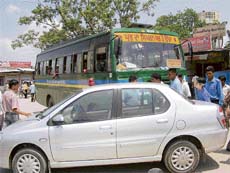 The car of Ambala City municipal council chairman Harish Sashan that was hit by a bus in Ambala on Tuesday. 