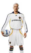 England football player David Beckham poses in the newly redesigned Los Angeles Galaxy team jersey in a photo released by Adidas on Wednesday.