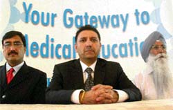 Baljit Singh, managing director, HCMI, Dr Deepak Shishoo, senior technical consultant, and Maj Karnail Singh to announce an MBBS programme at a press meet in Chandigarh on Friday.
