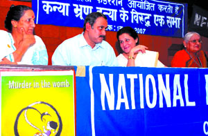 Amarjeet Kaur, CPI leader, union health minister Ambumanui Ramdoss, Planning Commission member Sayeeda Hameed and Mohani Giri at the closing ceremony of the week-long campaign against female foeticide, organised by the National Federation of Indian Women in the Capital on Friday.